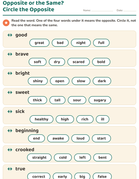 Preview of Opposites worksheet for grade 1