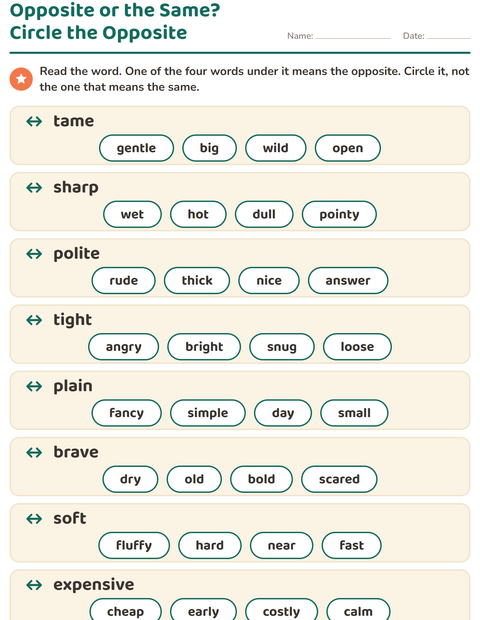 Preview of Opposites worksheet for grade 1