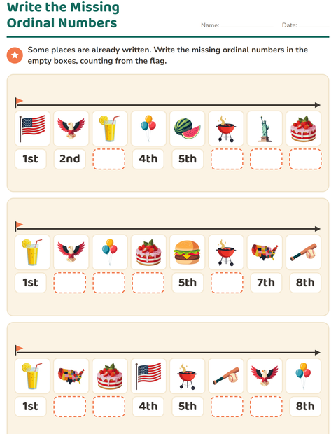 Preview of Ordinal Numbers worksheet featuring 4th of July for grade 1