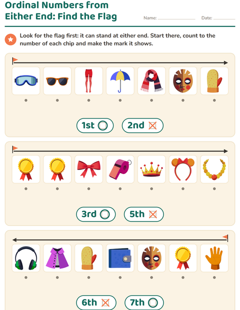 Preview of Ordinal Numbers worksheet featuring Accessories for kindergarten