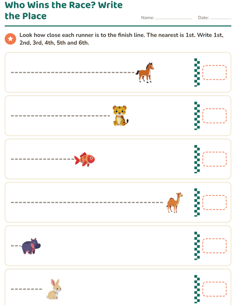 Preview of Ordinal Numbers worksheet featuring Animals for grade 1