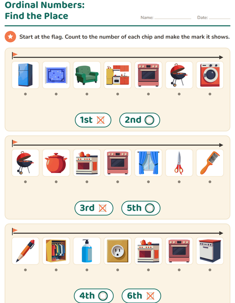 Preview of Ordinal Numbers worksheet featuring Around the House for kindergarten