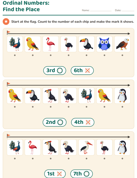 Preview of Ordinal Numbers worksheet featuring Birds for kindergarten