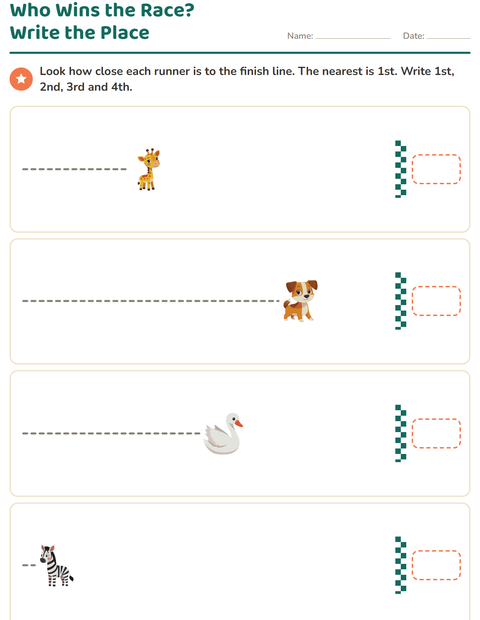 Preview of Ordinal Numbers worksheet featuring Animals for grade 1