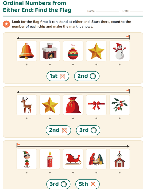 Preview of Ordinal Numbers worksheet featuring Christmas for kindergarten