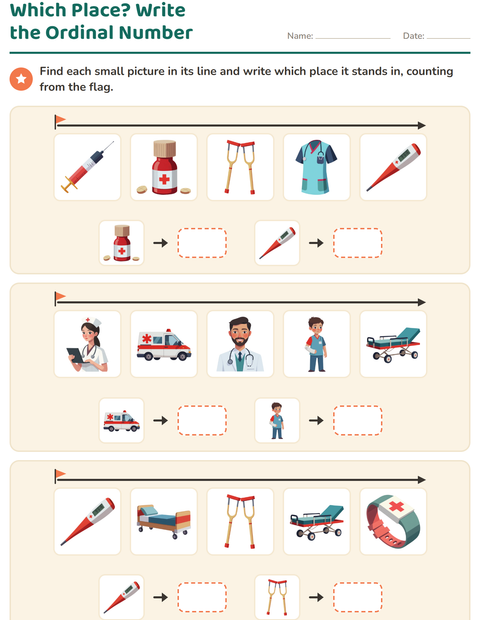 Preview of Ordinal Numbers worksheet featuring Hospital for grade 1