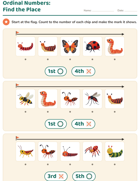 Preview of Ordinal Numbers worksheet featuring Insects and Bugs for kindergarten
