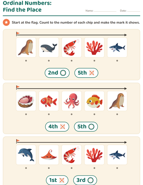 Preview of Ordinal Numbers worksheet featuring Ocean Life for kindergarten