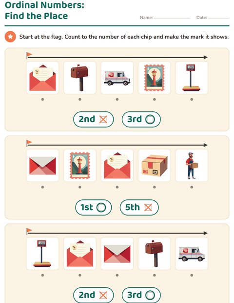 Preview of Ordinal Numbers worksheet featuring Post Office for kindergarten