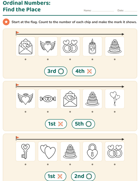 Preview of Ordinal Numbers worksheet featuring Valentine BW for kindergarten