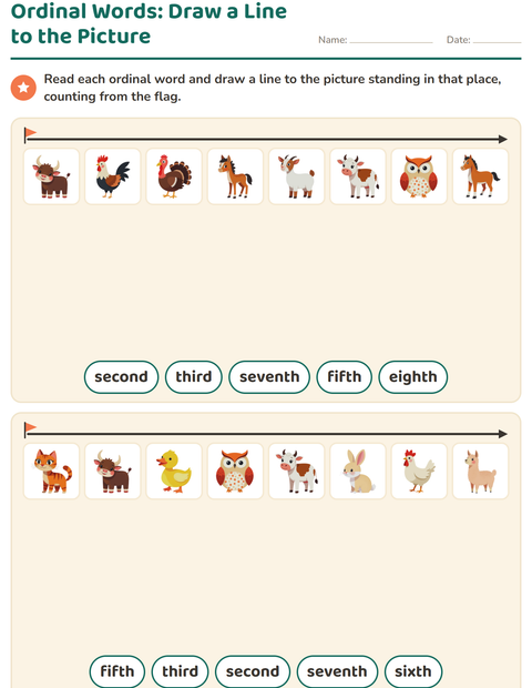 Ordinal Words: Draw a Line to the Picture