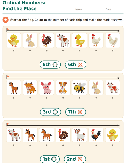 Preview of Ordinal Numbers worksheet featuring Farm Animals for kindergarten