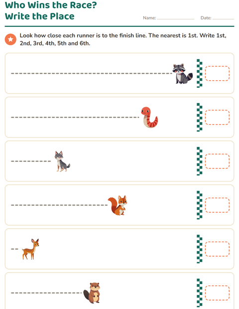 Preview of Ordinal Numbers worksheet featuring Forest Creatures for grade 1