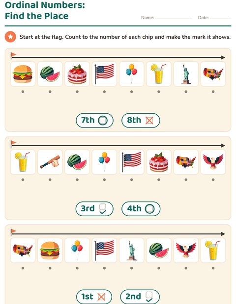 Preview of Ordinal Numbers worksheet featuring 4th of July for kindergarten