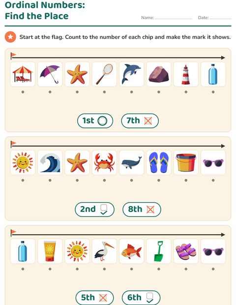 Ordinal Numbers: Find the Place — Beach