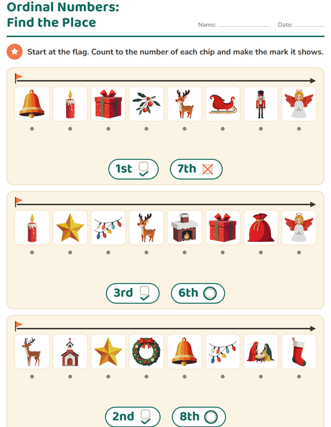 Preview of Ordinal Numbers worksheet featuring Christmas for kindergarten