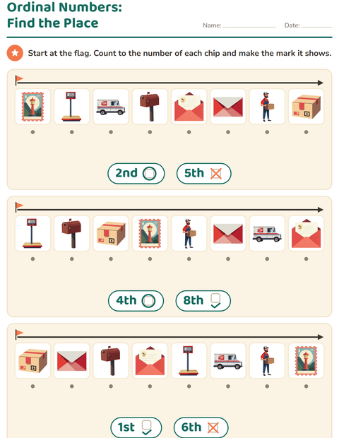 Preview of Ordinal Numbers worksheet featuring Post Office for kindergarten
