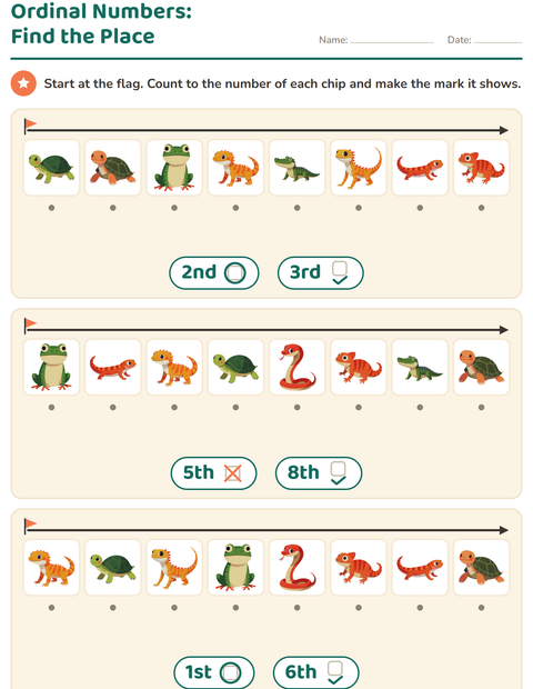 Ordinal Numbers: Find the Place — Reptiles and Amphibians