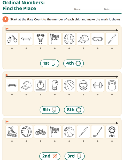 Ordinal Numbers: Find the Place — Sports BW