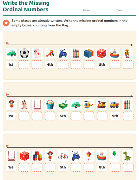 Preview of Ordinal Numbers worksheet featuring Toys for grade 1