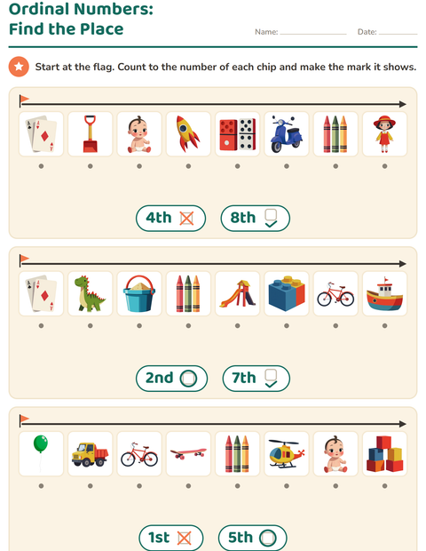 Preview of Ordinal Numbers worksheet featuring Toys for kindergarten