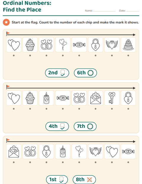Preview of Ordinal Numbers worksheet featuring Valentine BW for kindergarten