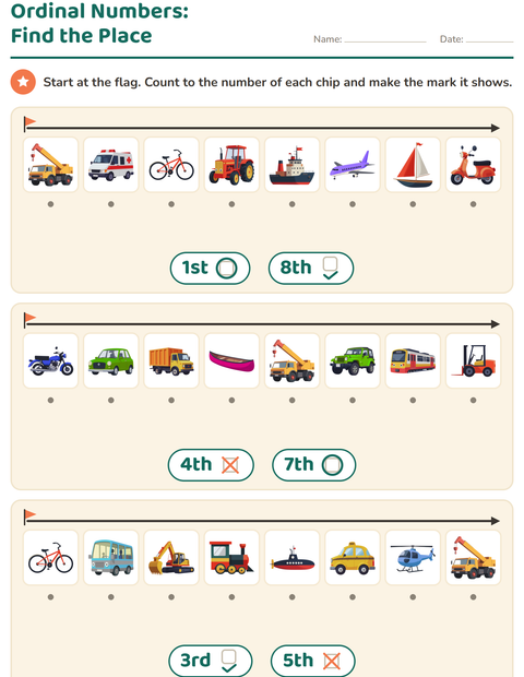 Preview of Ordinal Numbers worksheet featuring Vehicles for kindergarten