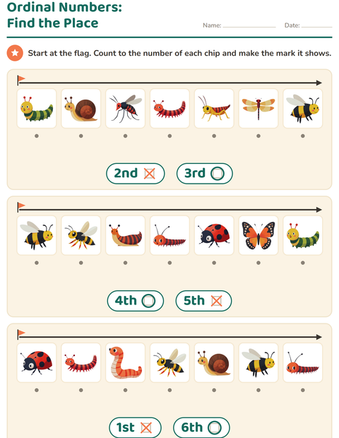 Preview of Ordinal Numbers worksheet featuring Insects and Bugs for kindergarten