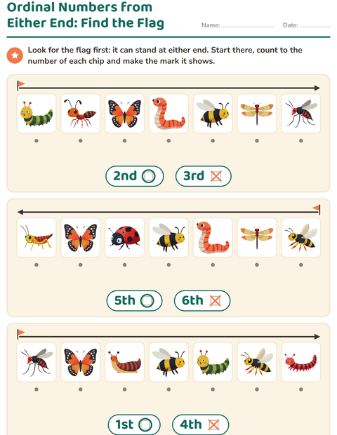 Preview of Ordinal Numbers worksheet featuring Insects and Bugs for kindergarten