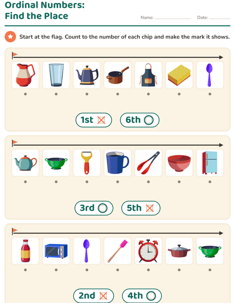 Preview of Ordinal Numbers worksheet featuring Kitchen Tools for kindergarten