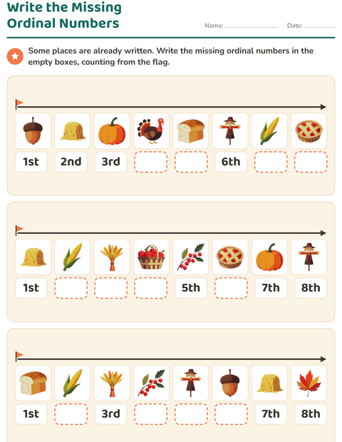 Preview of Ordinal Numbers worksheet featuring Thanksgiving for grade 1