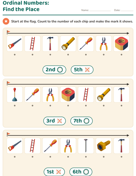 Preview of Ordinal Numbers worksheet featuring Tools for kindergarten