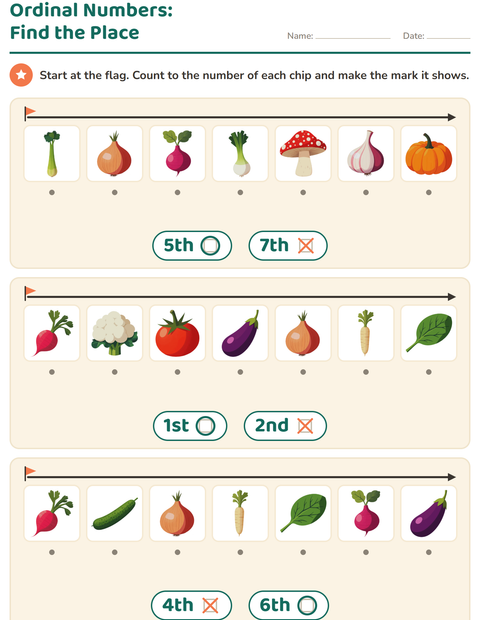 Preview of Ordinal Numbers worksheet featuring Vegetables for kindergarten