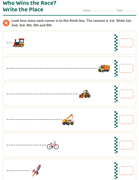 Preview of Ordinal Numbers worksheet featuring Vehicles for grade 1