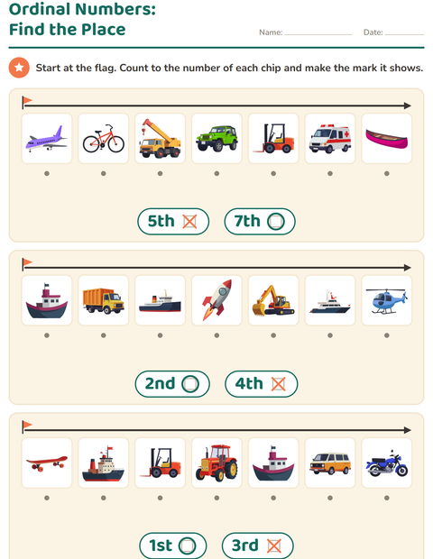 Preview of Ordinal Numbers worksheet featuring Vehicles for kindergarten