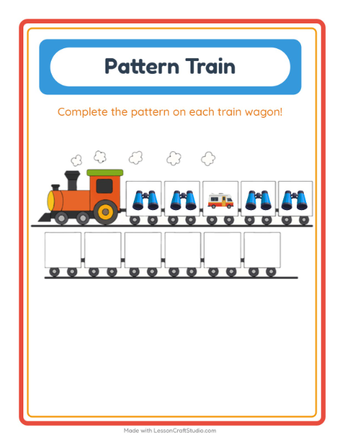 Preview of Pattern Train worksheet featuring Camping for kindergarten