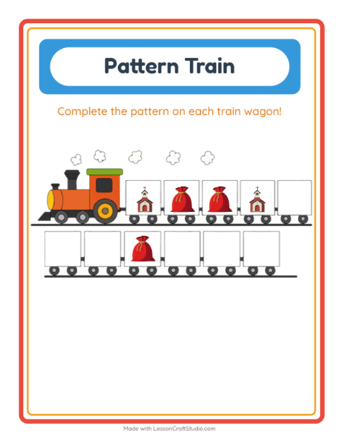 Preview of Pattern Train worksheet featuring Christmas for kindergarten