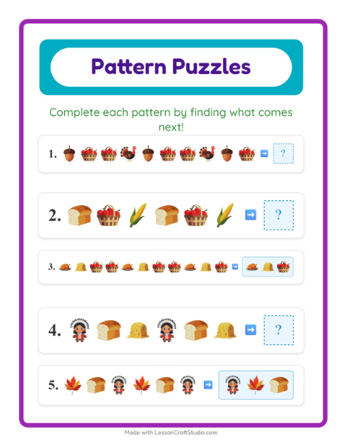 Preview of Pattern Worksheet worksheet featuring Thanksgiving for grade 1