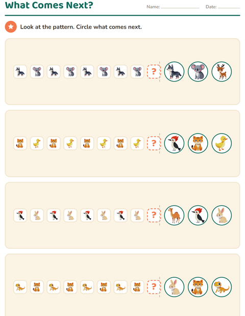 Preview of Patterns worksheet featuring Animals for kindergarten