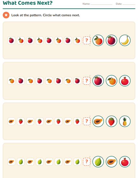 Preview of Patterns worksheet featuring Fruits for kindergarten