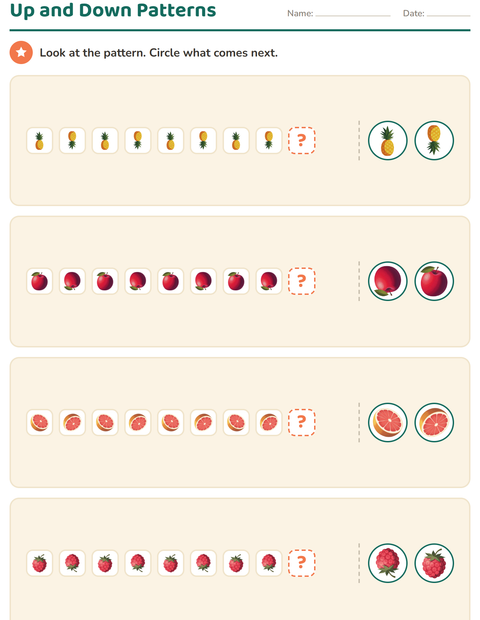 Preview of Patterns worksheet featuring Fruits for kindergarten