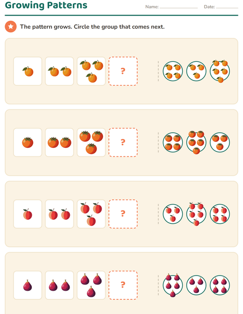 Preview of Patterns worksheet featuring Fruits for kindergarten