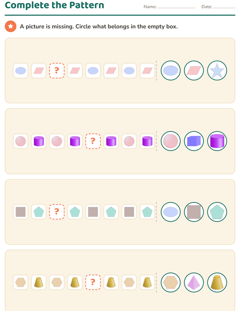 Preview of Patterns worksheet featuring Shapes for kindergarten