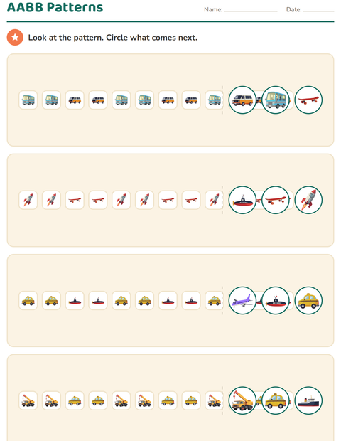 Preview of Patterns worksheet featuring Vehicles for kindergarten