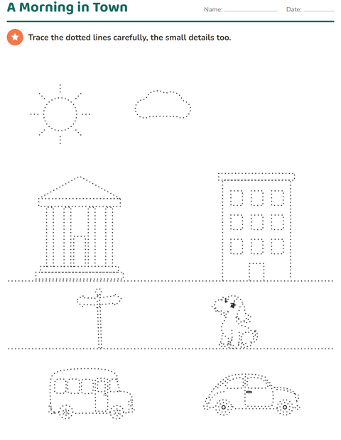Preview of Dotted Picture Tracing for 1st Grade: A Morning in Town
