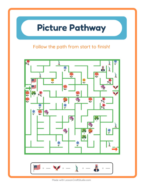 Preview of Picture Trail worksheet featuring 4th of July for kindergarten