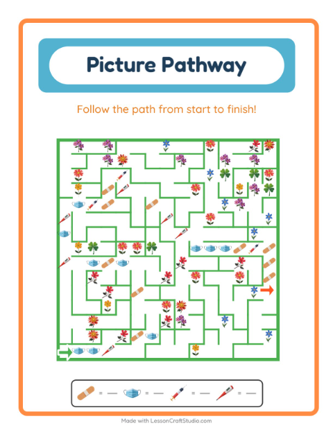 Preview of Picture Trail worksheet featuring Hospital for kindergarten