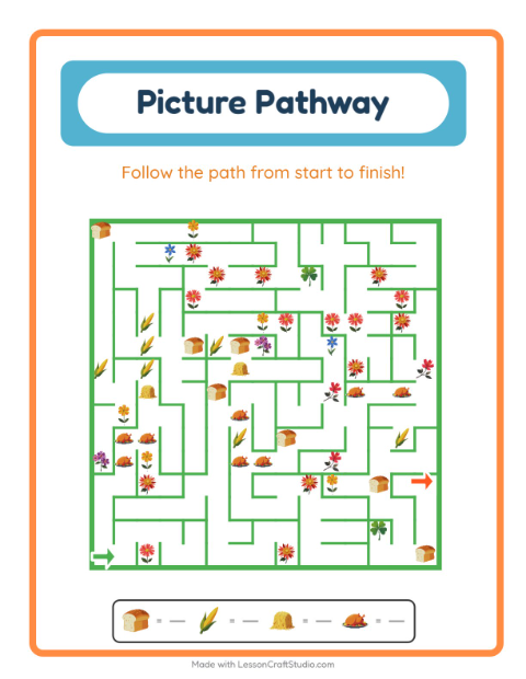 Preview of Picture Trail worksheet featuring Thanksgiving for kindergarten
