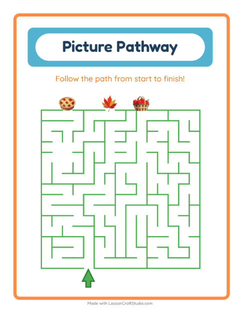Preview of Picture Trail worksheet featuring Thanksgiving for kindergarten