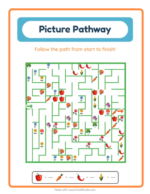 Preview of Picture Trail worksheet featuring Vegetables for kindergarten